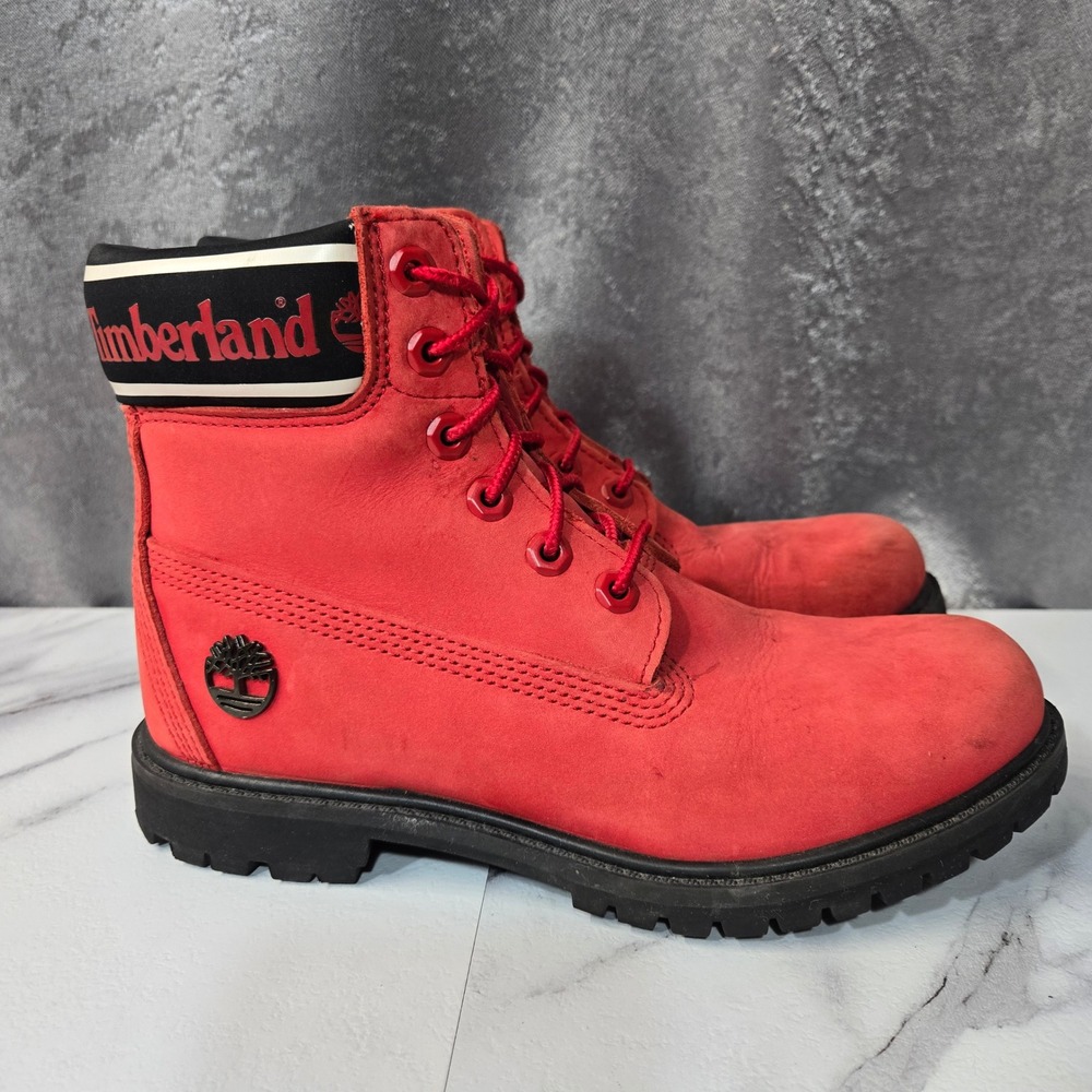 Timberland Premium Boots Womens 7.5 Red Nubuck Logo Collar Waterproof A27HJ